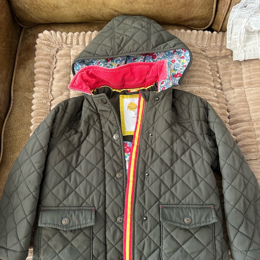 Mini Boden Quilted Jacket - Olive Green with corduroy collar & floral lining
